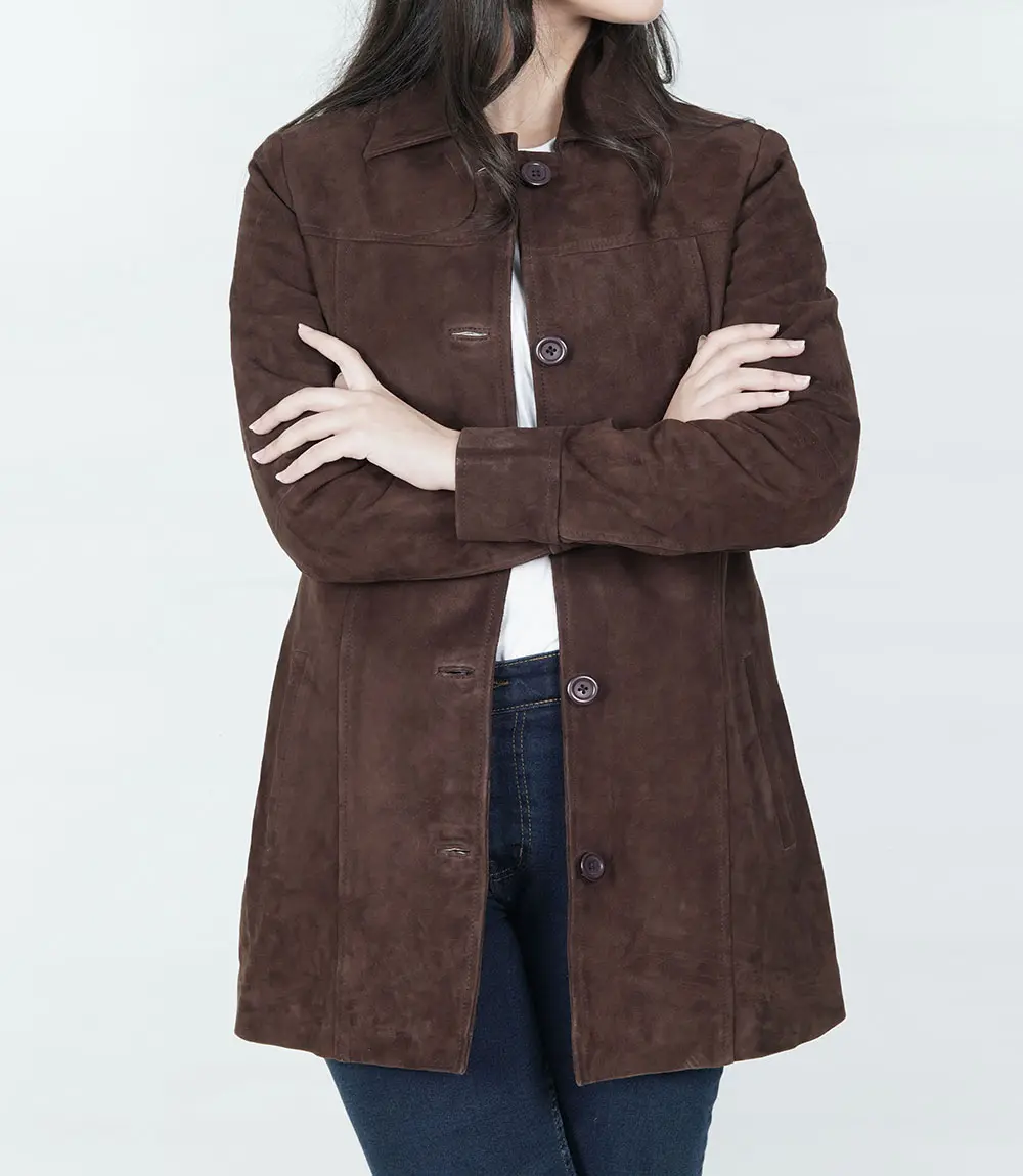 Womens Dark Brown Suede Button Down Coat