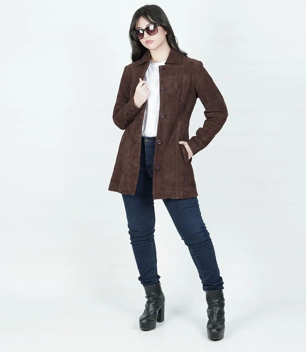 Womens Dark Brown Suede Button Down Coat