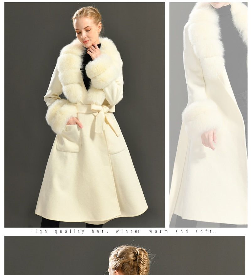 Women's Elegant Solid Color Wool Full Sleeves Long Winter Jacket with Belt