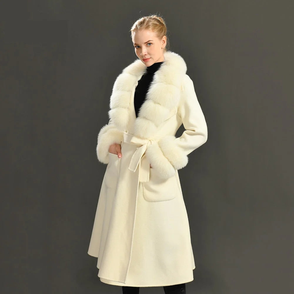 Women's Elegant Solid Color Wool Full Sleeves Long Winter Jacket with Belt