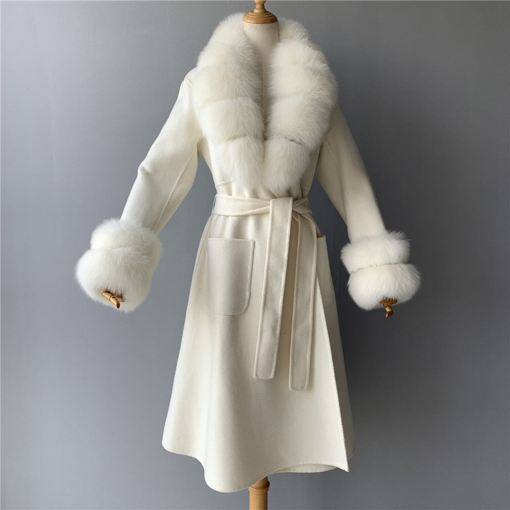 Women's Elegant Solid Color Wool Full Sleeves Long Winter Jacket with Belt