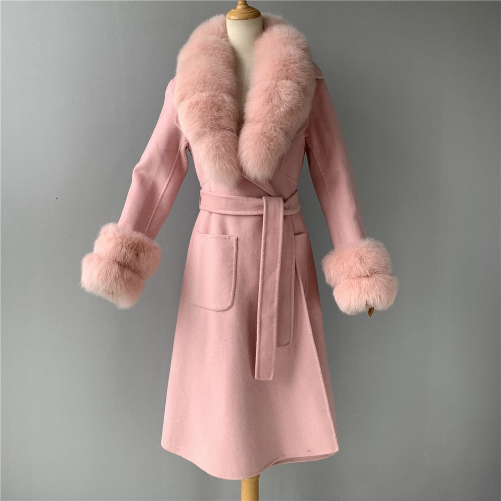 Women's Elegant Solid Color Wool Full Sleeves Long Winter Jacket with Belt