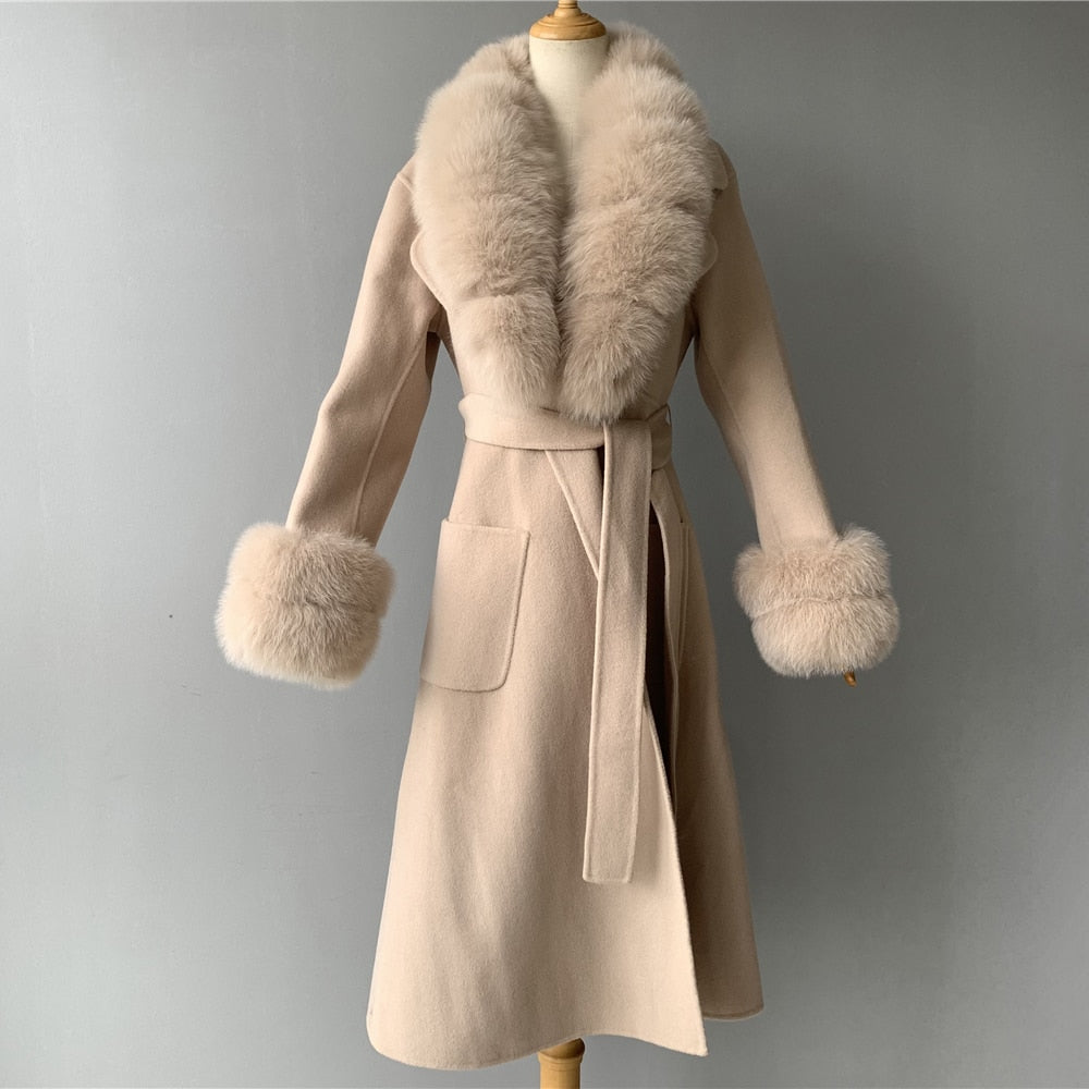 Women's Elegant Solid Color Wool Full Sleeves Long Winter Jacket with Belt