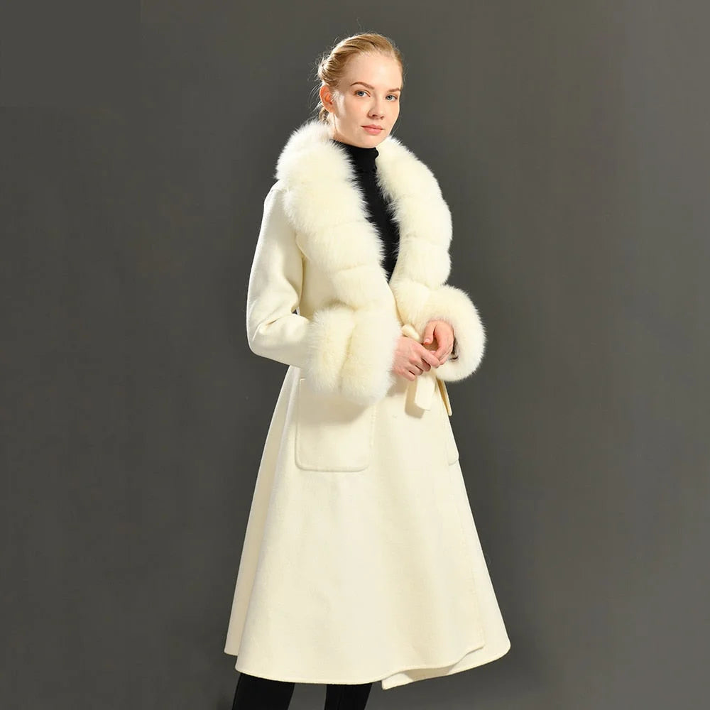 Women's Elegant Solid Color Wool Full Sleeves Long Winter Jacket with Belt