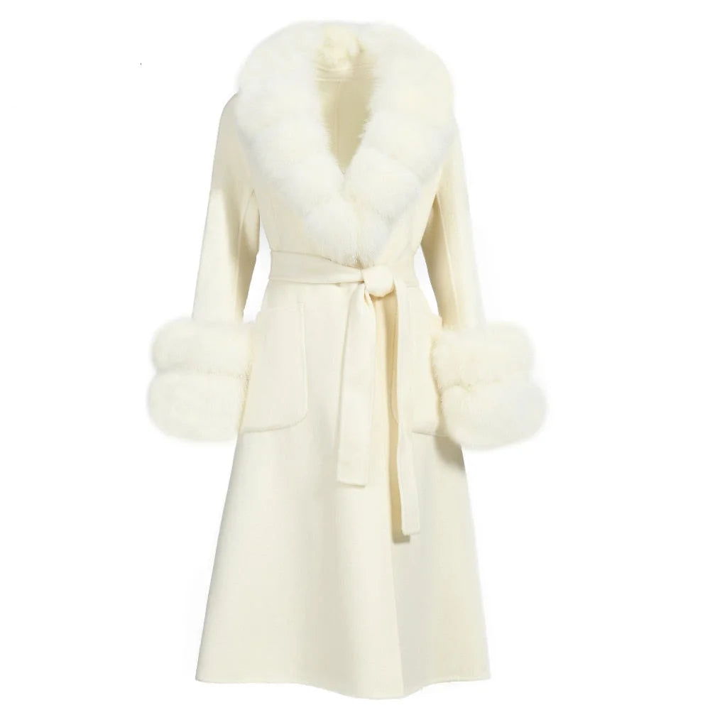 Women's Elegant Solid Color Wool Full Sleeves Long Winter Jacket with Belt