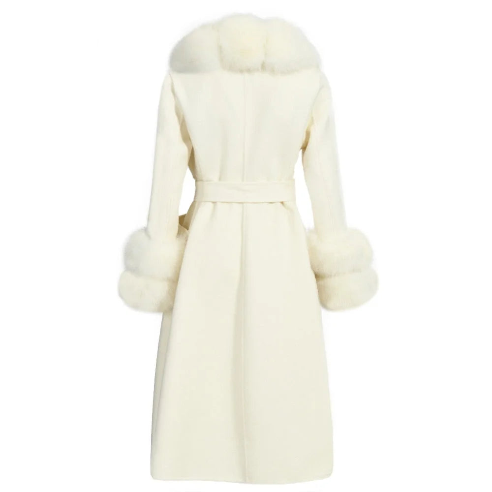 Women's Elegant Solid Color Wool Full Sleeves Long Winter Jacket with Belt