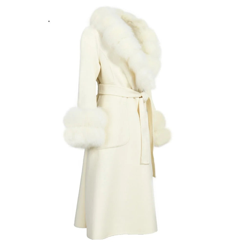 Women's Elegant Solid Color Wool Full Sleeves Long Winter Jacket with Belt