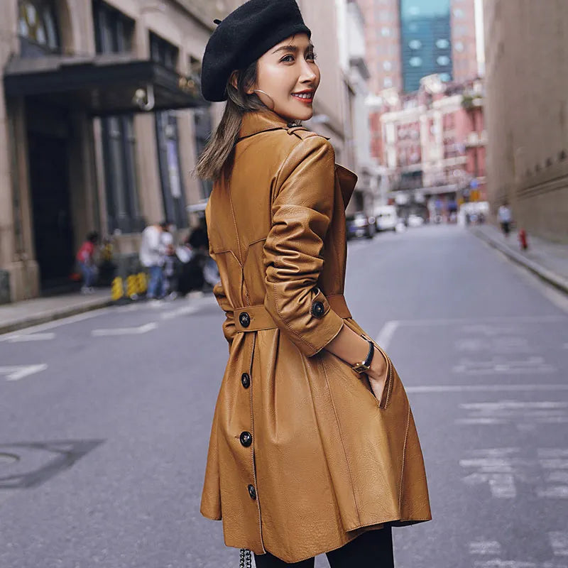 Women's Fashion Genuine Leather Adjustable Waist Trench Coat