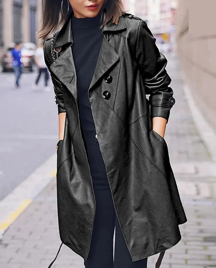 Women's Fashion Genuine Leather Adjustable Waist Trench Coat