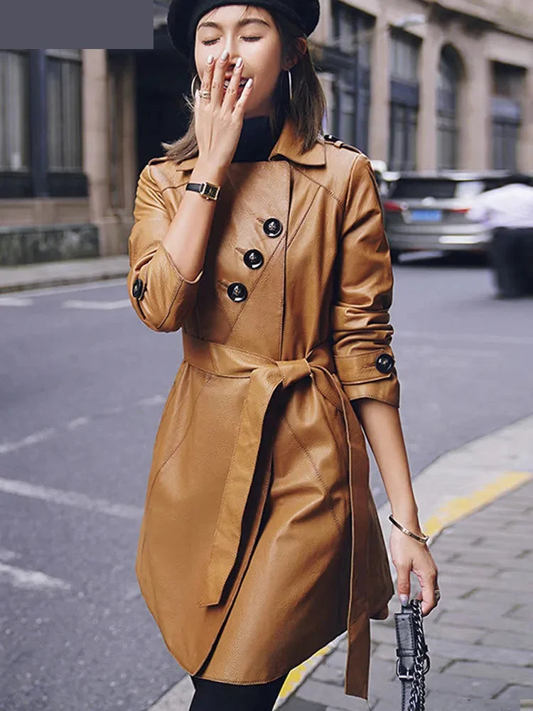 Women's Fashion Genuine Leather Adjustable Waist Trench Coat