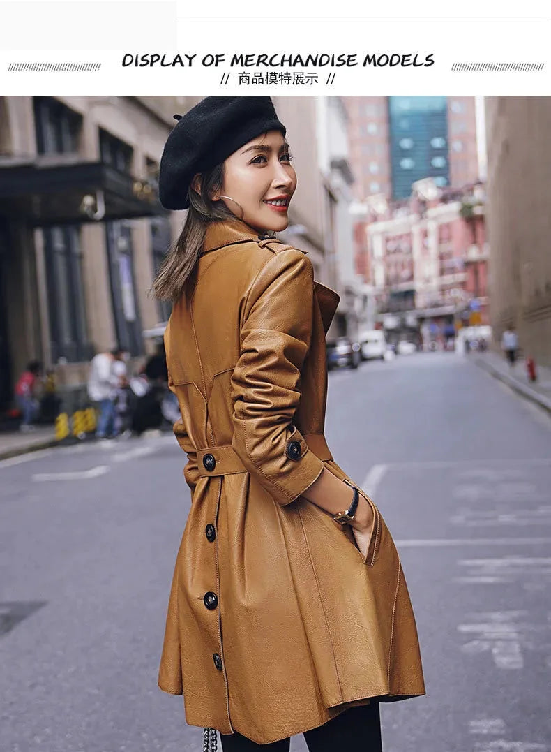 Women's Fashion Genuine Leather Adjustable Waist Trench Coat