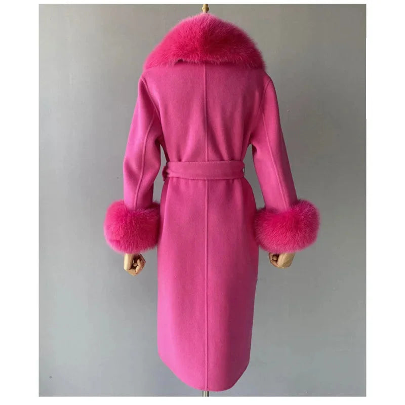 Women's Fushia Color Wool Real Fur Collar Cuffs Double-Faced Winter Jacket