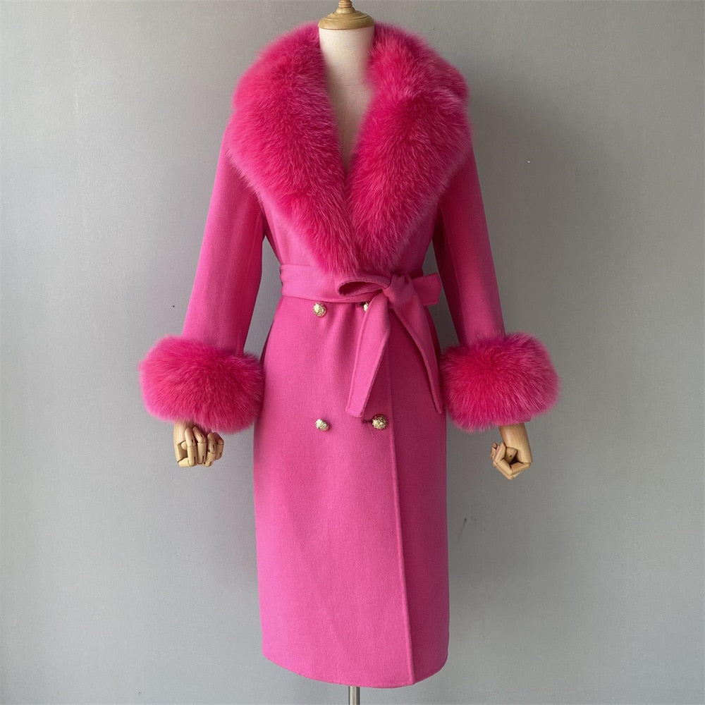 Women's Fushia Color Wool Real Fur Collar Cuffs Double-Faced Winter Jacket