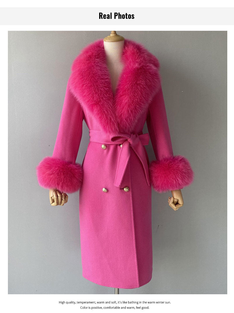 Women's Fushia Color Wool Real Fur Collar Cuffs Double-Faced Winter Jacket