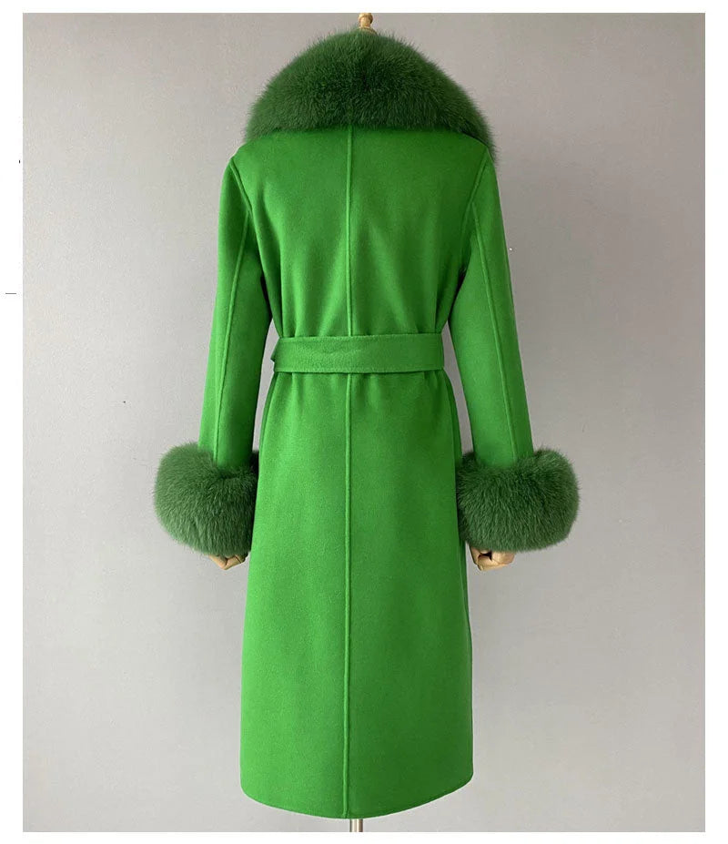 Women's Green Wool Real Fur Collar Cuffs Double Faced Long Winter Jacket