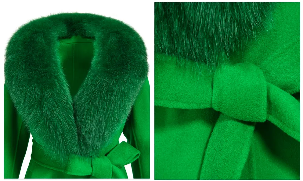 Women's Green Wool Real Fur Collar Cuffs Double Faced Long Winter Jacket