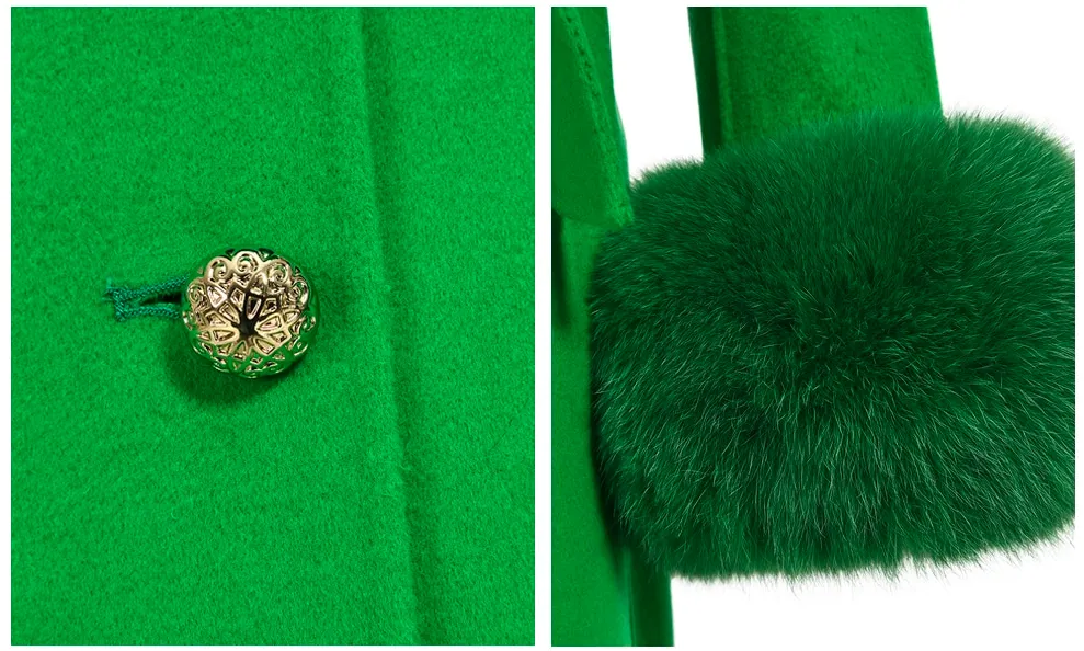 Women's Green Wool Real Fur Collar Cuffs Double Faced Long Winter Jacket