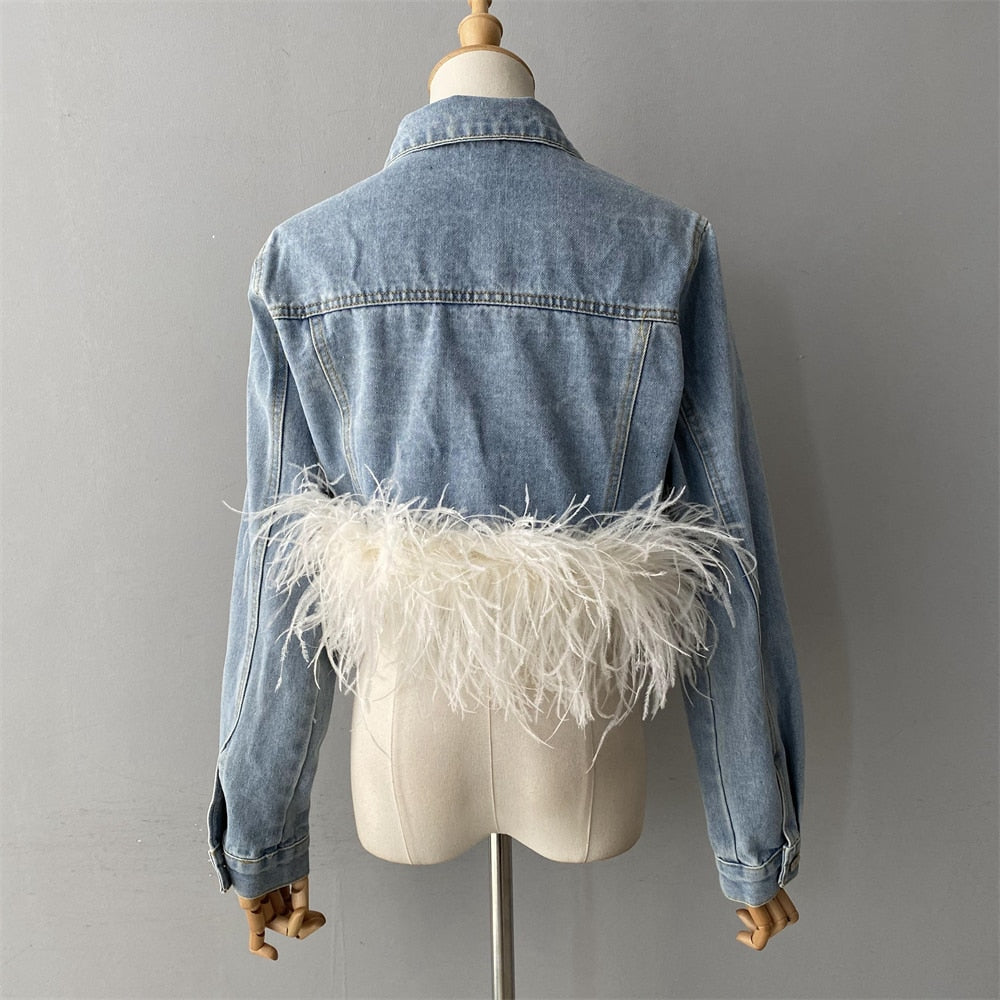 Women's Light Blue Denim Ostrich Feather Full Sleeves Jacket Outerwear