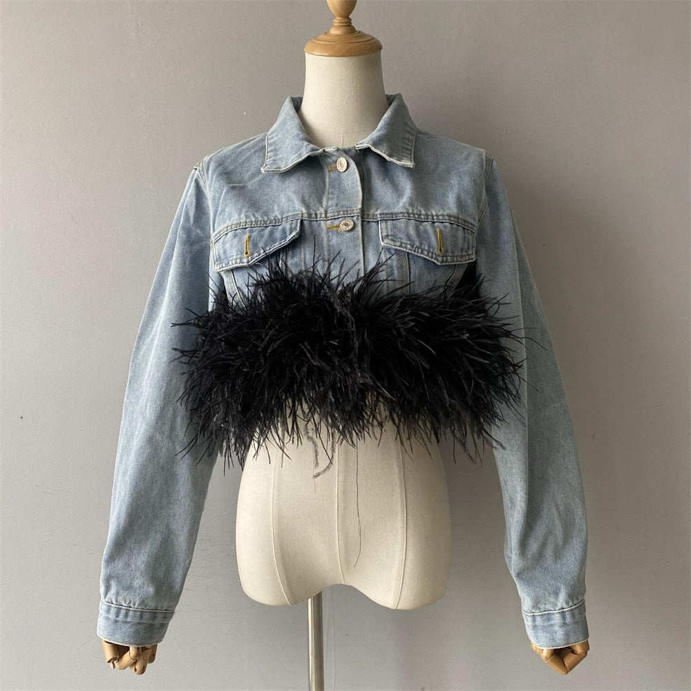 Women's Light Blue Denim Ostrich Feather Full Sleeves Jacket Outerwear