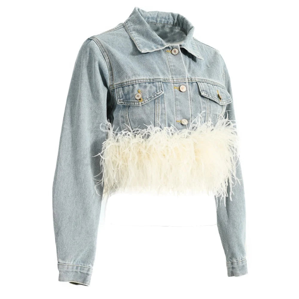 Women's Light Blue Denim Ostrich Feather Full Sleeves Jacket Outerwear