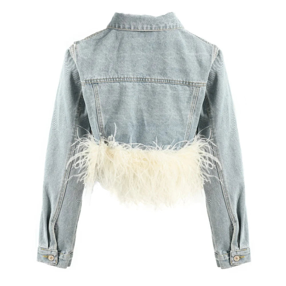 Women's Light Blue Denim Ostrich Feather Full Sleeves Jacket Outerwear