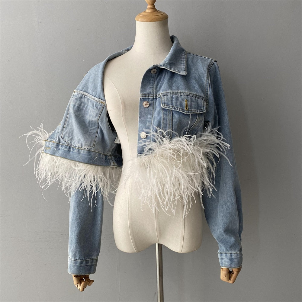 Women's Light Blue Denim Ostrich Feather Full Sleeves Jacket Outerwear