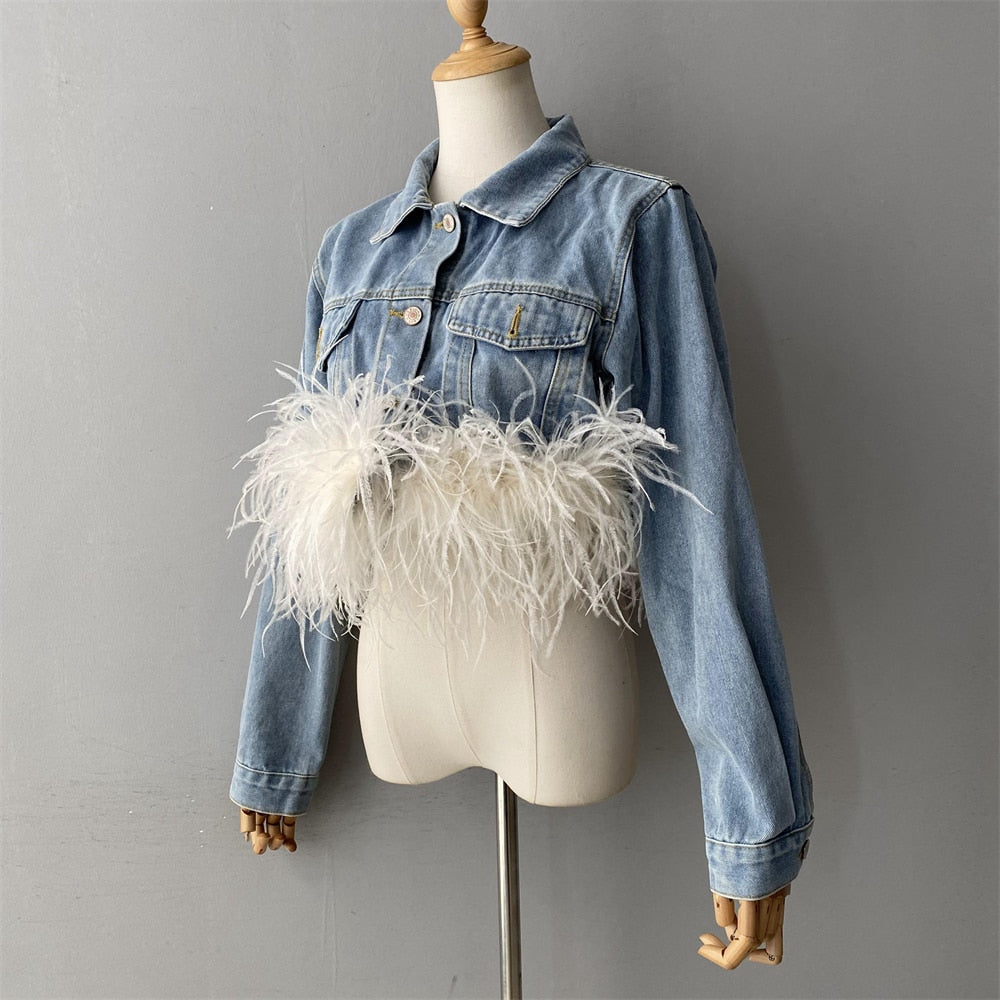 Women's Light Blue Denim Ostrich Feather Full Sleeves Jacket Outerwear