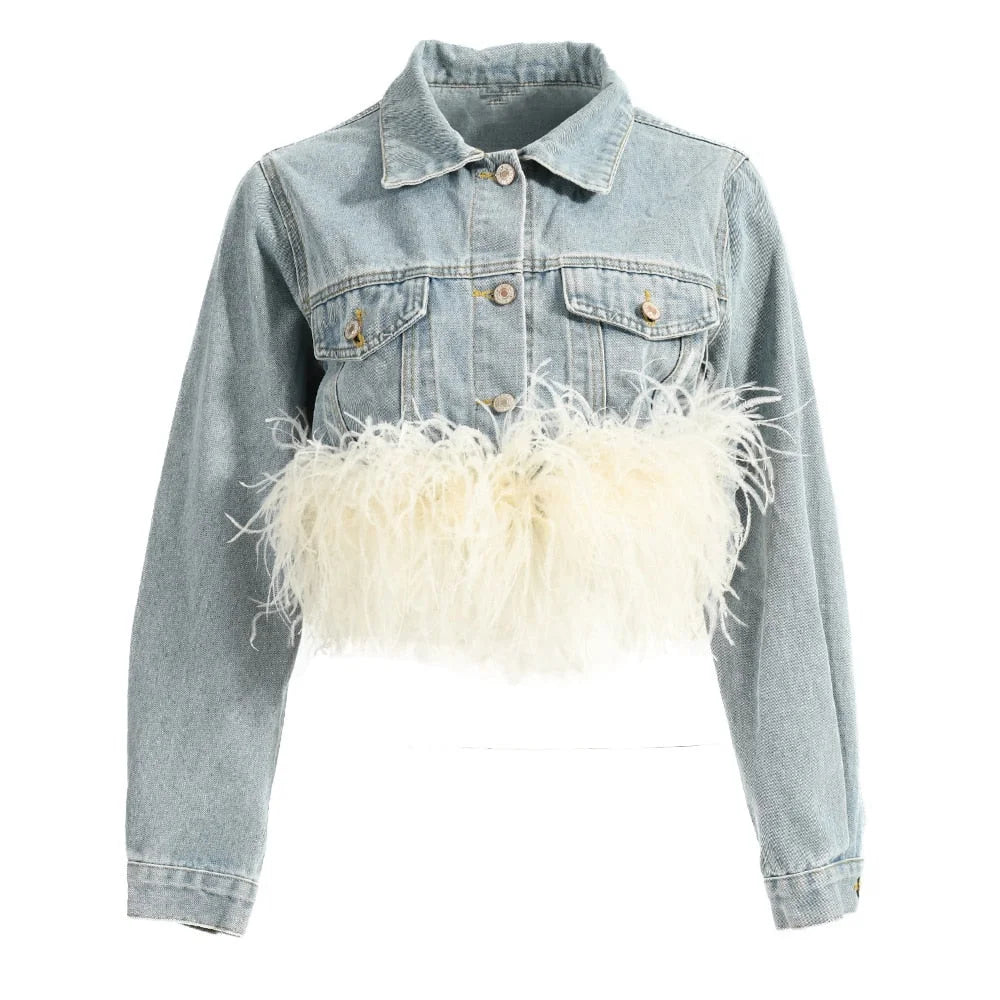 Women's Light Blue Denim Ostrich Feather Full Sleeves Jacket Outerwear