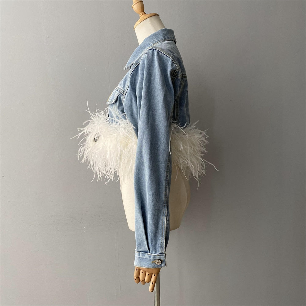 Women's Light Blue Denim Ostrich Feather Full Sleeves Jacket Outerwear