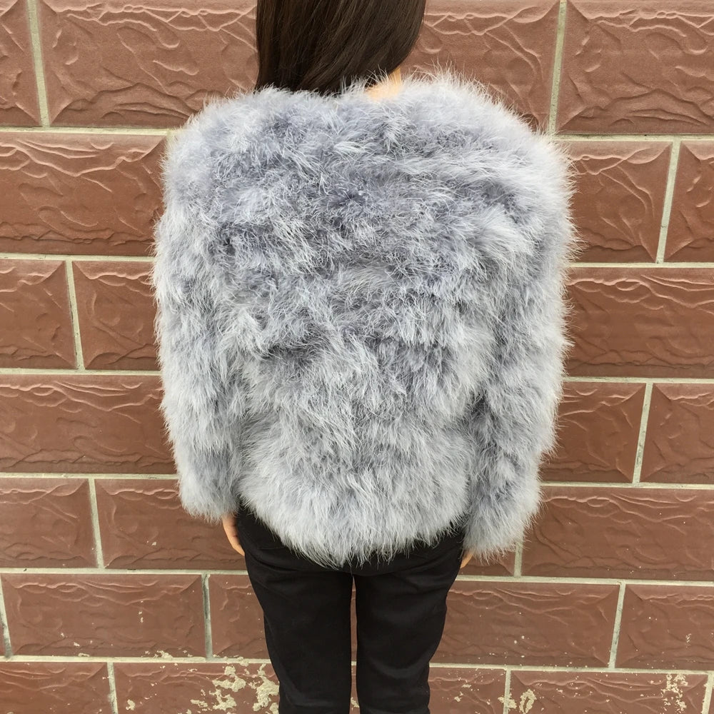 Women's Light Gray Furry Long Sleeve Casual Short Winter Jacket