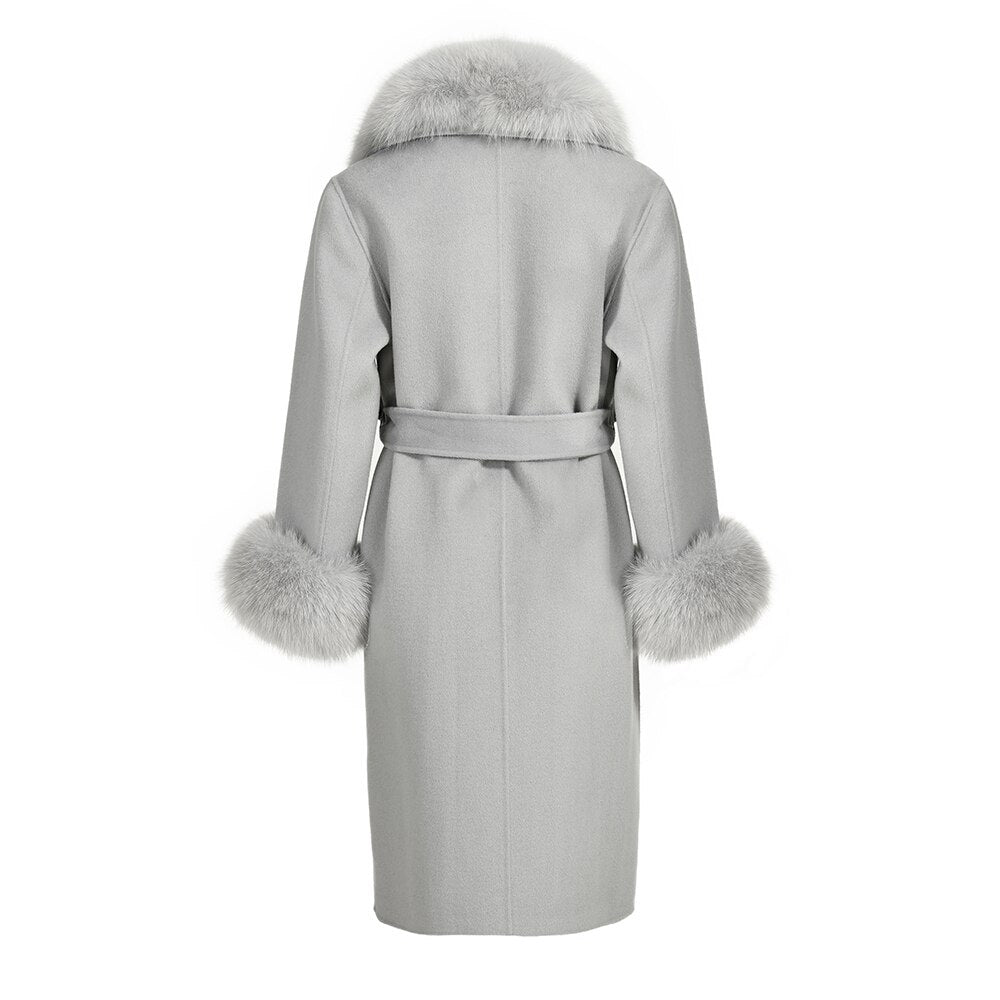 Women's Light Gray Winter Wool Real Fur Collar Cuffs Double Faced Jacket