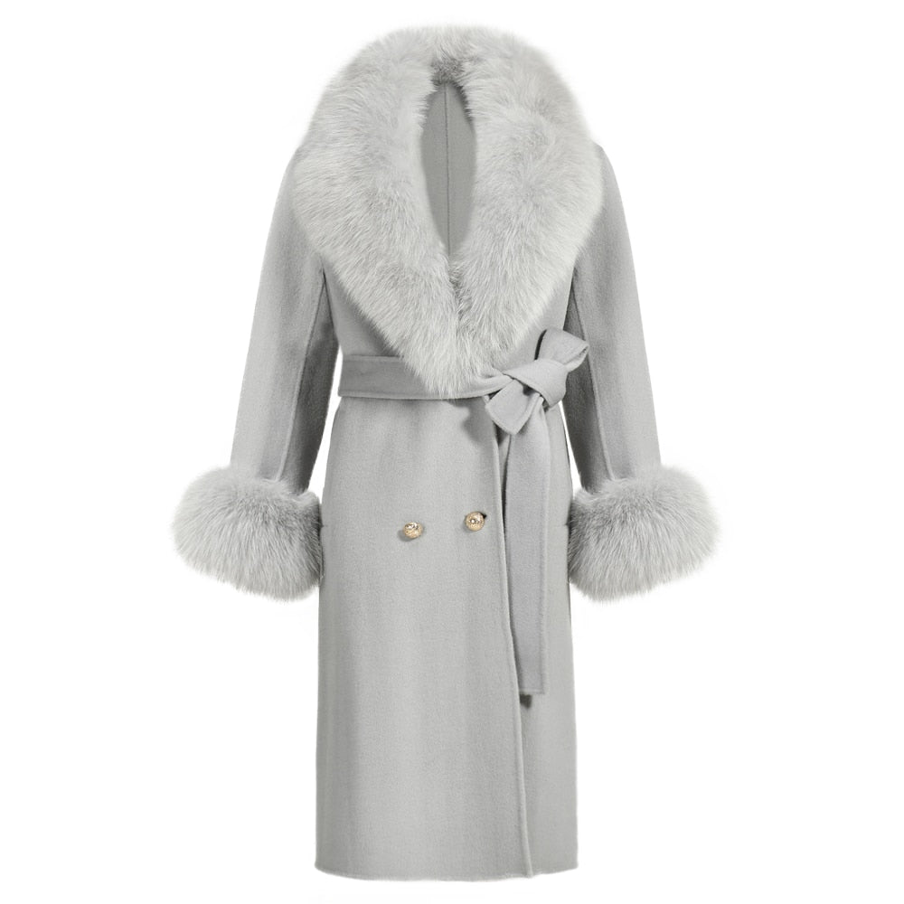 Women's Light Gray Winter Wool Real Fur Collar Cuffs Double Faced Jacket