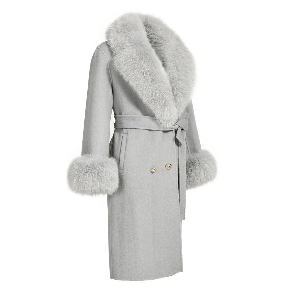 Women's Light Gray Winter Wool Real Fur Collar Cuffs Double Faced Jacket