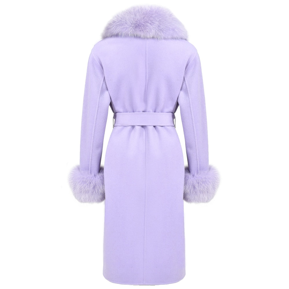 Women's Lilac Color Winter Wool Real Fur Collar Cuffs Double-Faced Jacket