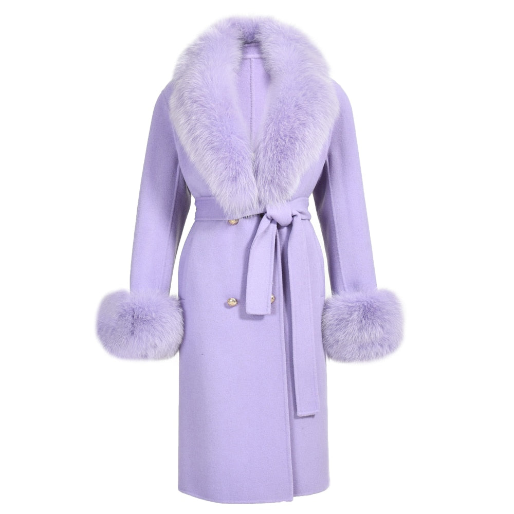 Women's Lilac Color Winter Wool Real Fur Collar Cuffs Double-Faced Jacket