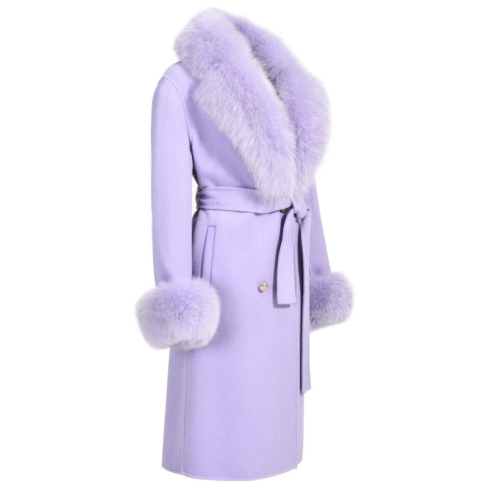 Women's Lilac Color Winter Wool Real Fur Collar Cuffs Double-Faced Jacket