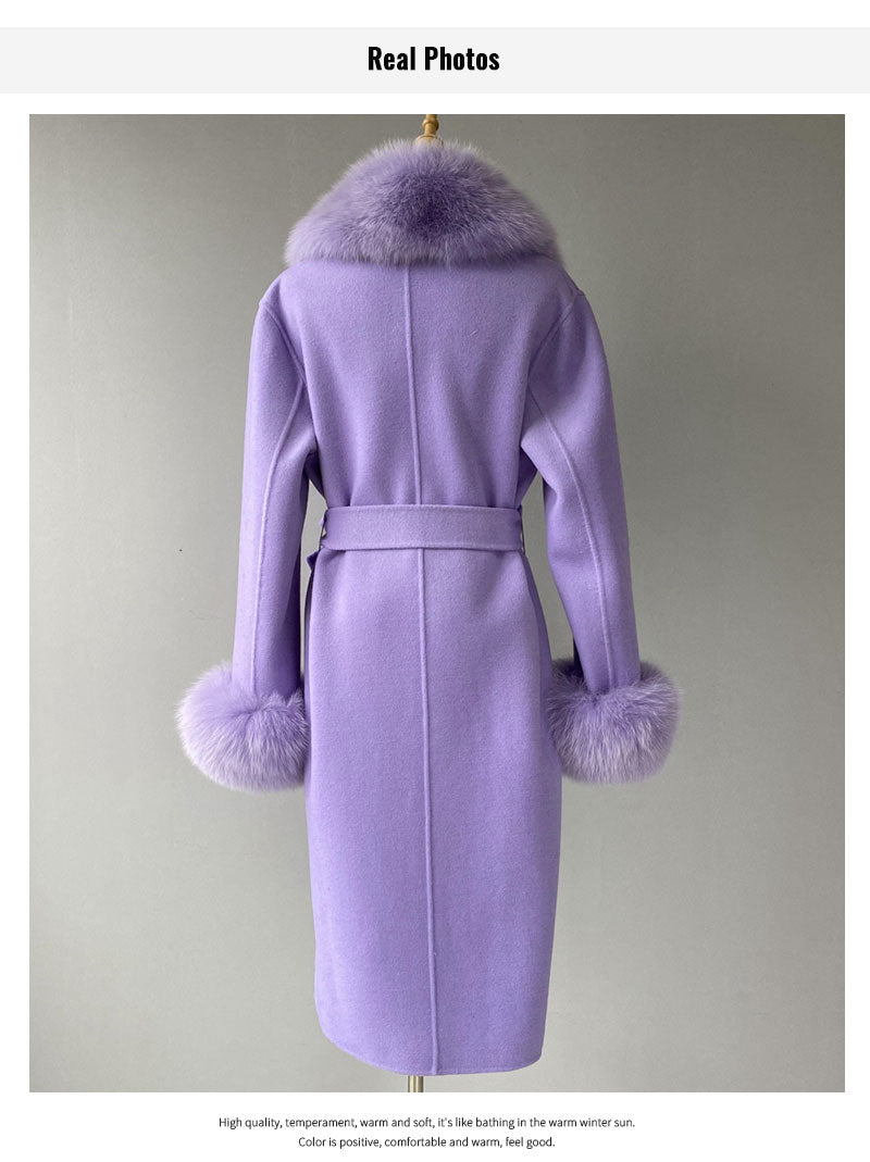 Women's Lilac Color Winter Wool Real Fur Collar Cuffs Double-Faced Jacket