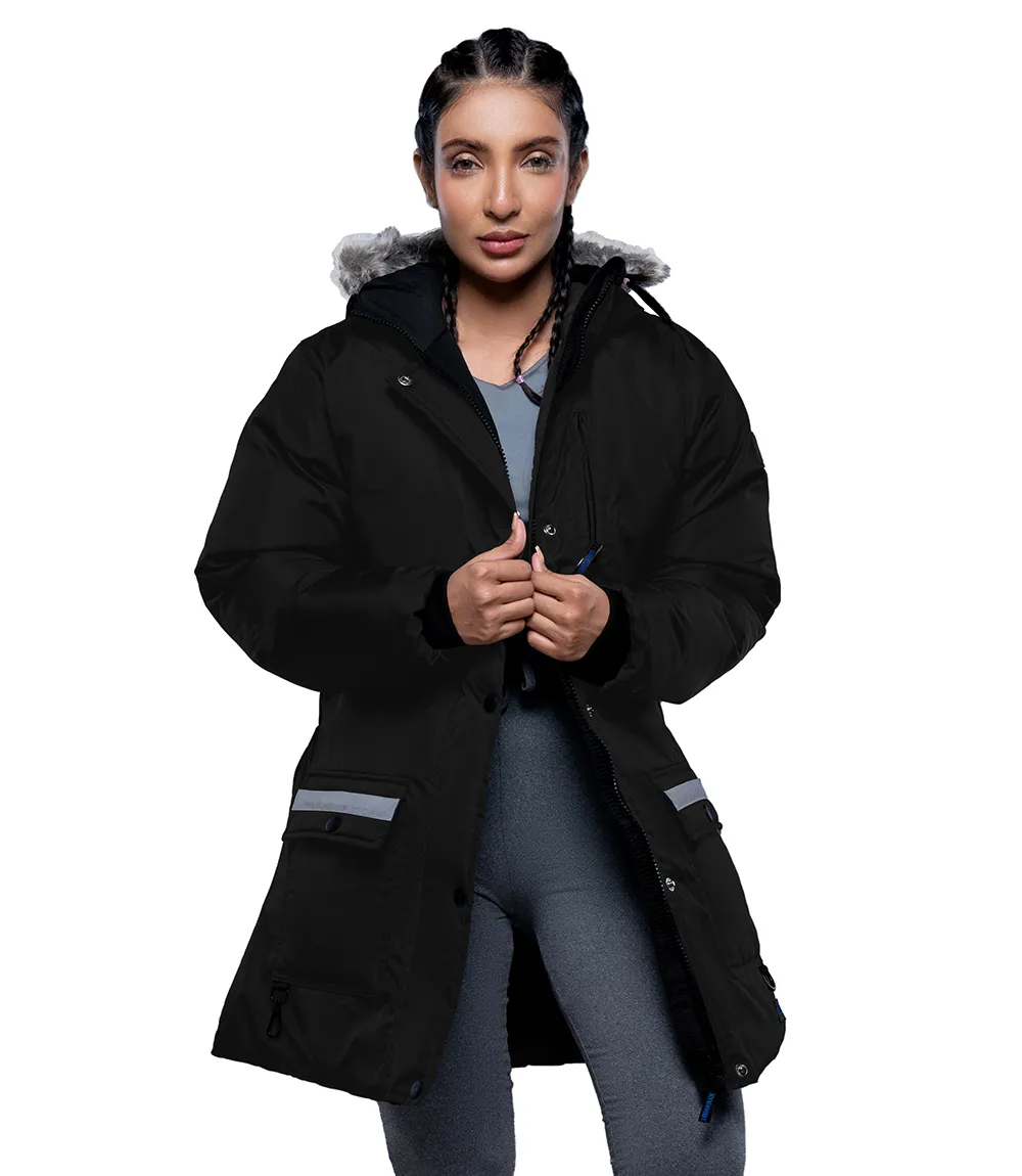 Womens Mid Length Fur Trim Hood Black Parka Coat