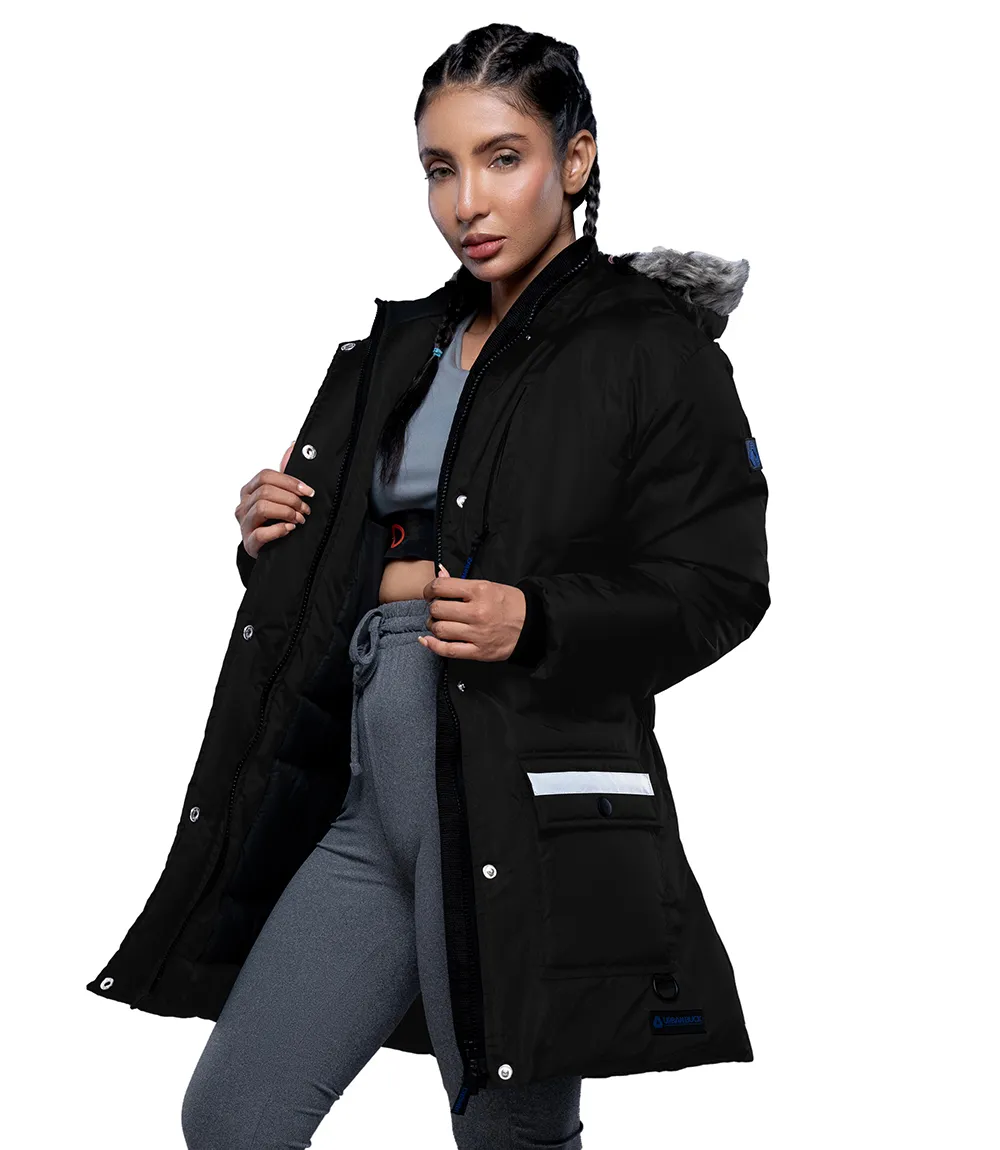 Womens Mid Length Fur Trim Hood Black Parka Coat