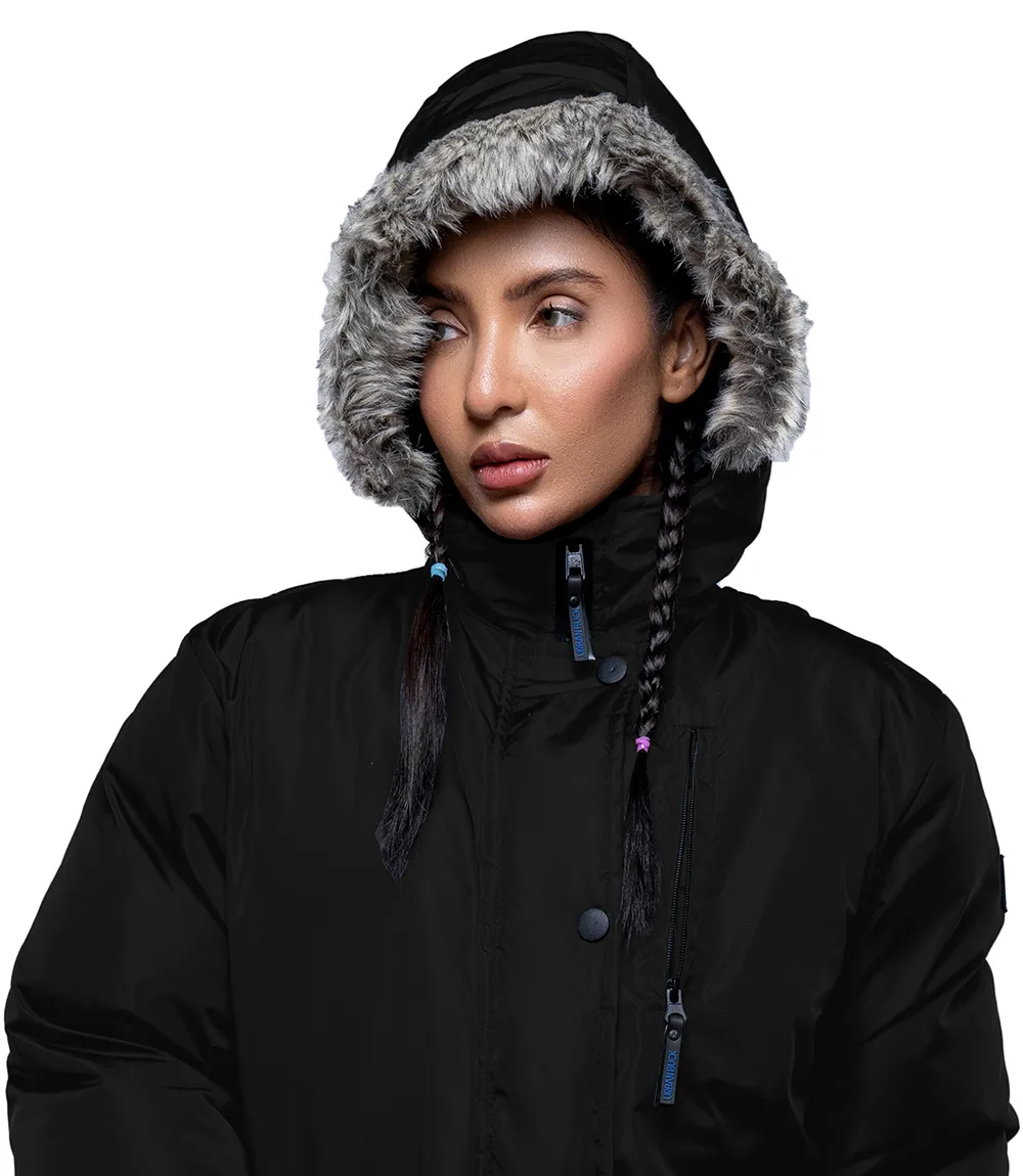 Womens Mid Length Fur Trim Hood Black Parka Coat