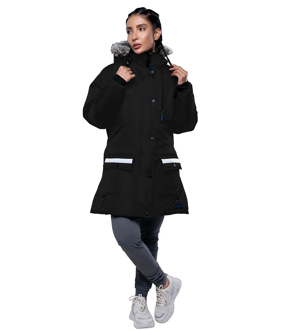 Womens Mid Length Fur Trim Hood Black Parka Coat