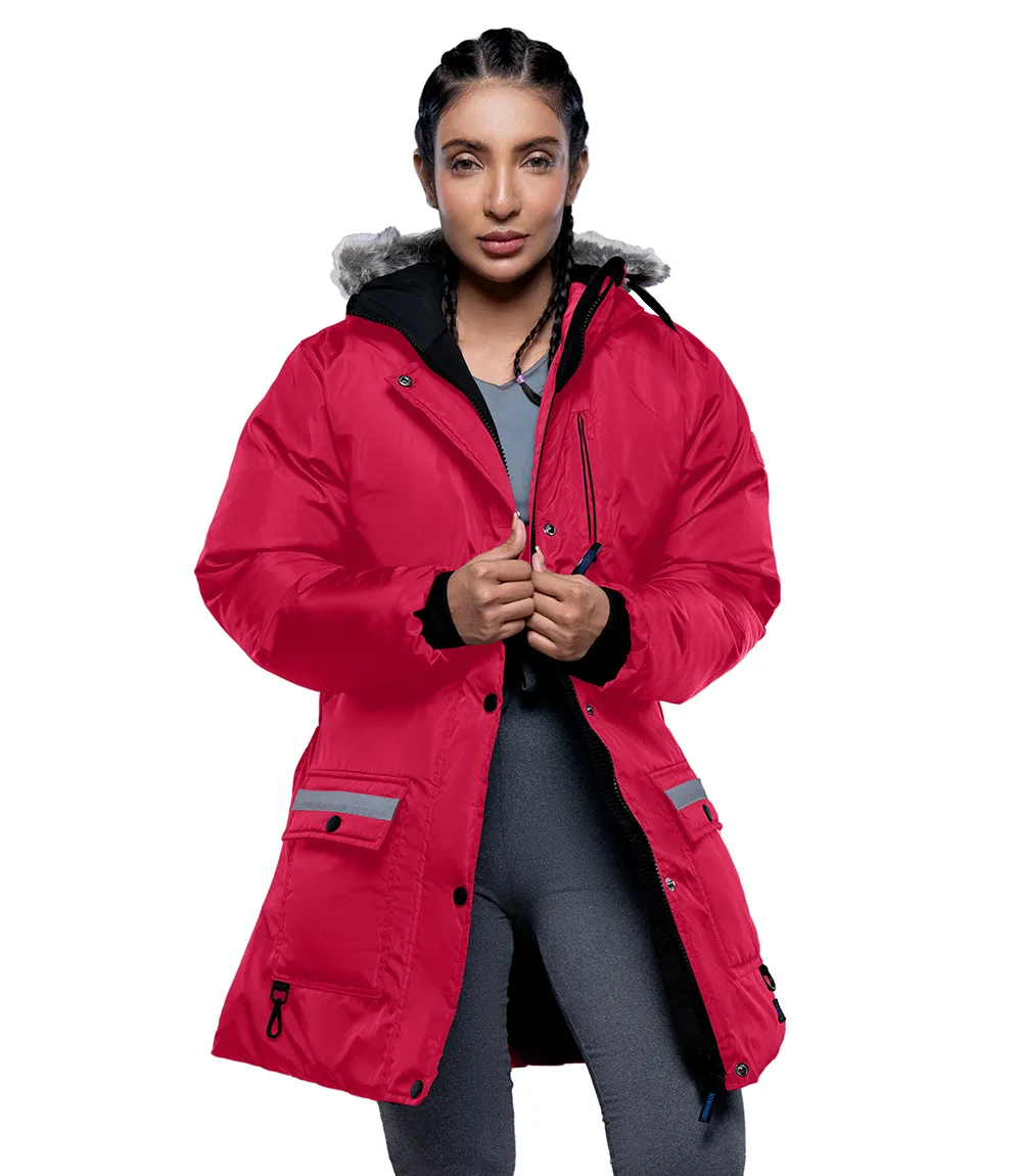 Womens Mid Length Fur Trim Hood Red Parka Coat