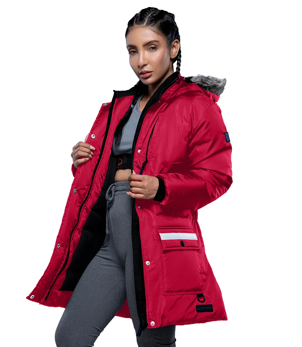 Womens Mid Length Fur Trim Hood Red Parka Coat