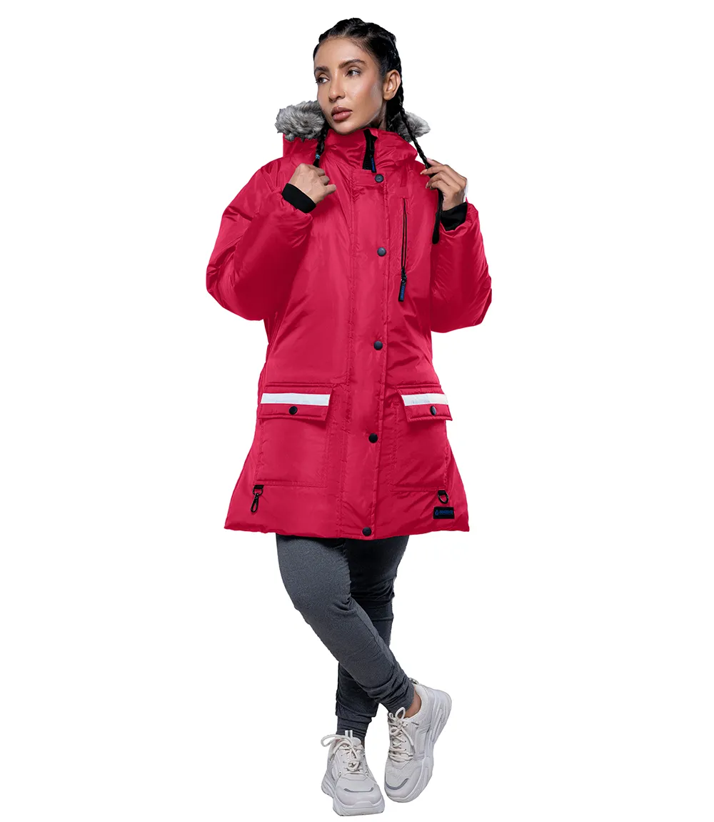 Womens Mid Length Fur Trim Hood Red Parka Coat