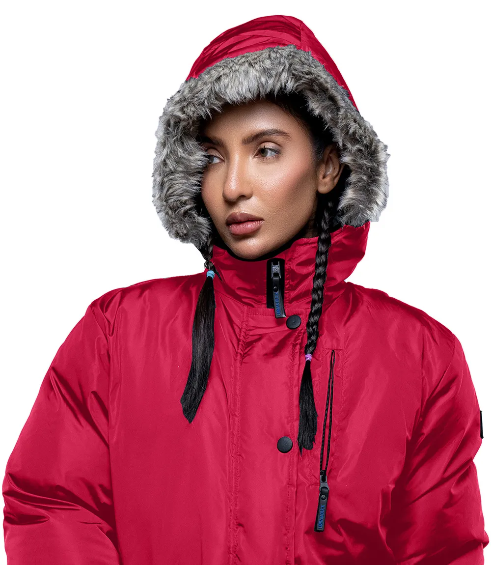 Womens Mid Length Fur Trim Hood Red Parka Coat