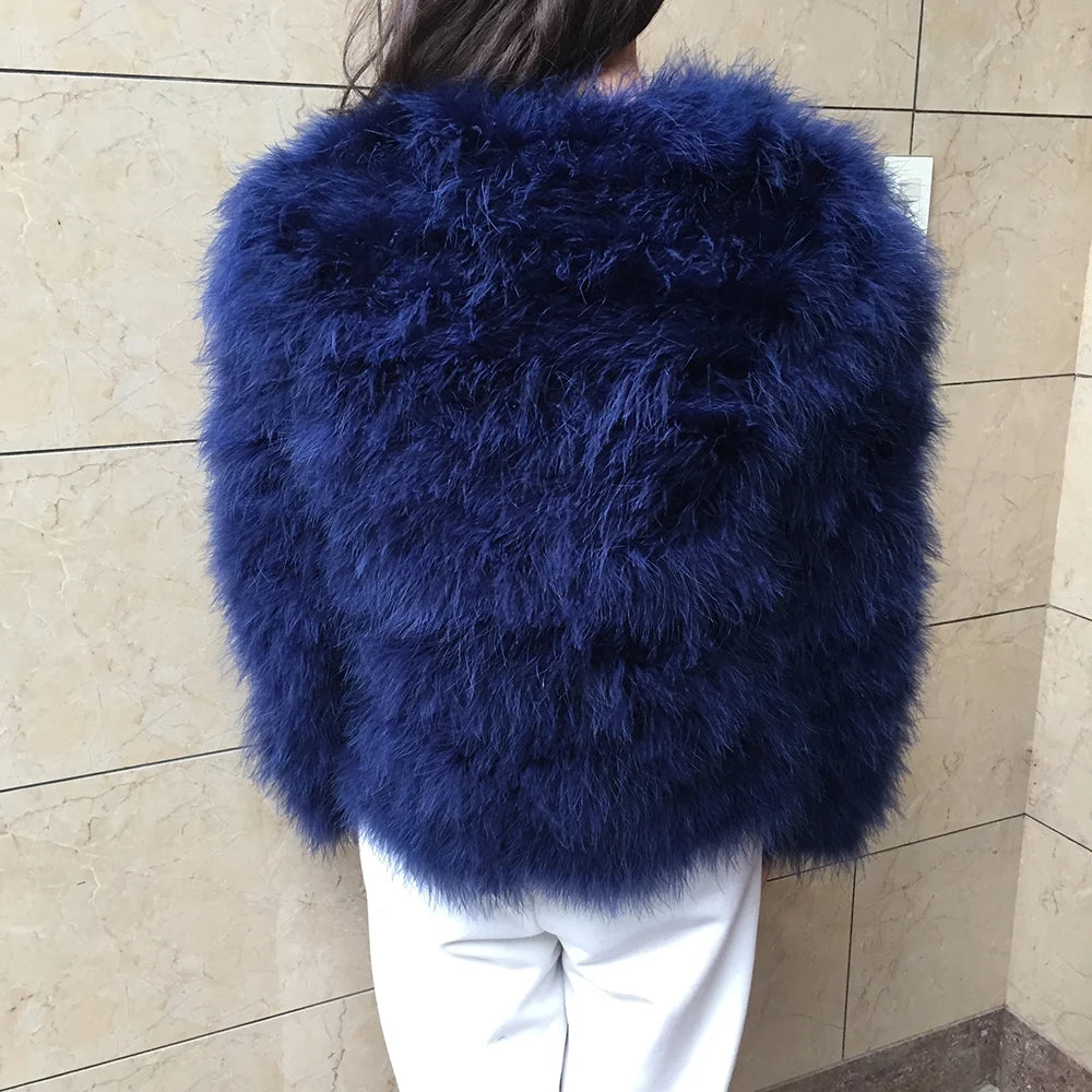 Women's Navy Blue Furry Long Sleeve Casual Short Winter Jacket