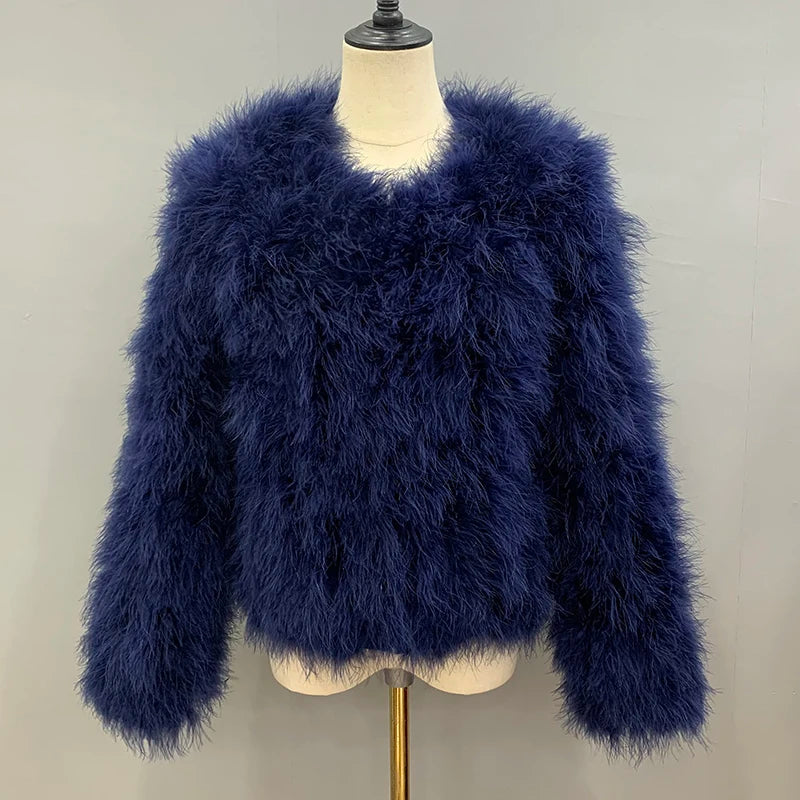 Women's Navy Blue Furry Long Sleeve Casual Short Winter Jacket