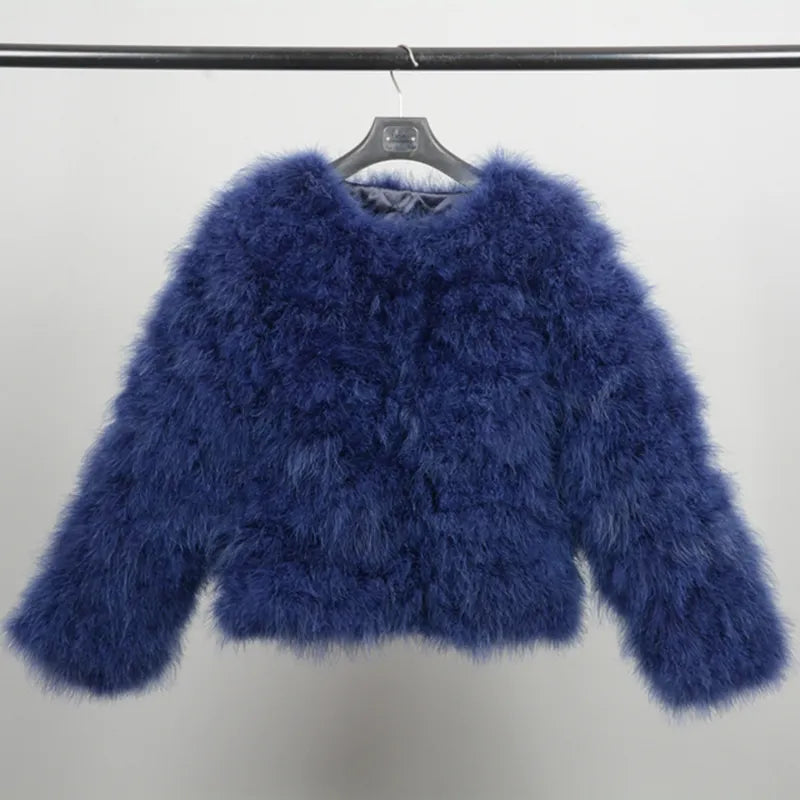 Women's Navy Blue Furry Long Sleeve Casual Short Winter Jacket