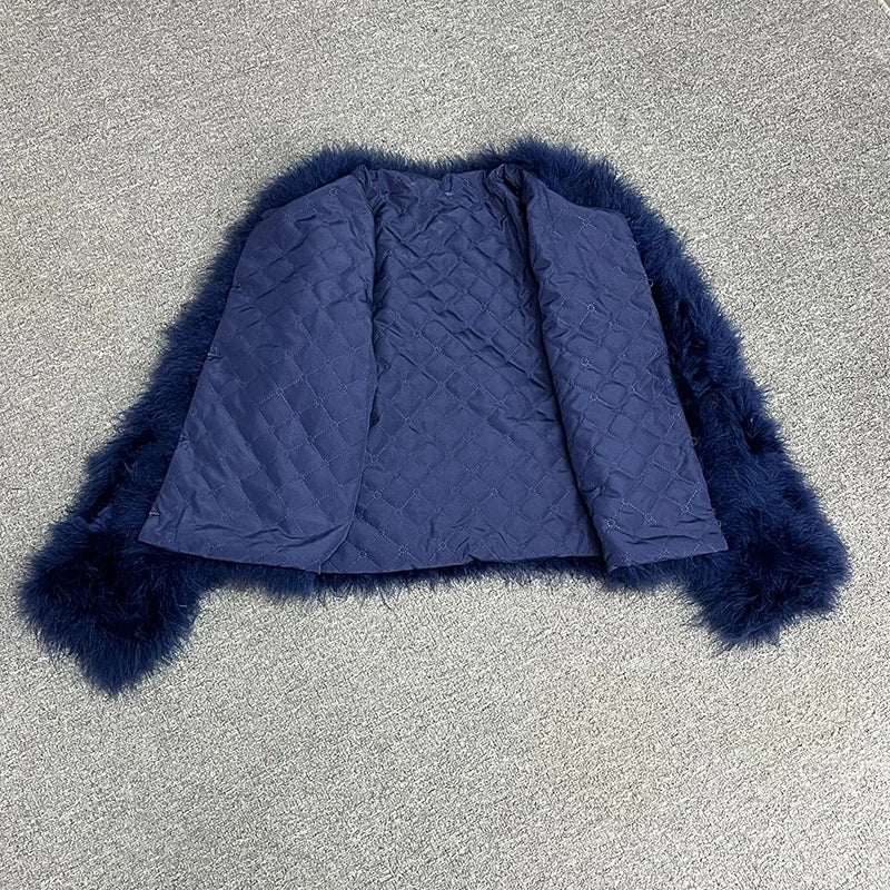 Women's Navy Blue Furry Long Sleeve Casual Short Winter Jacket