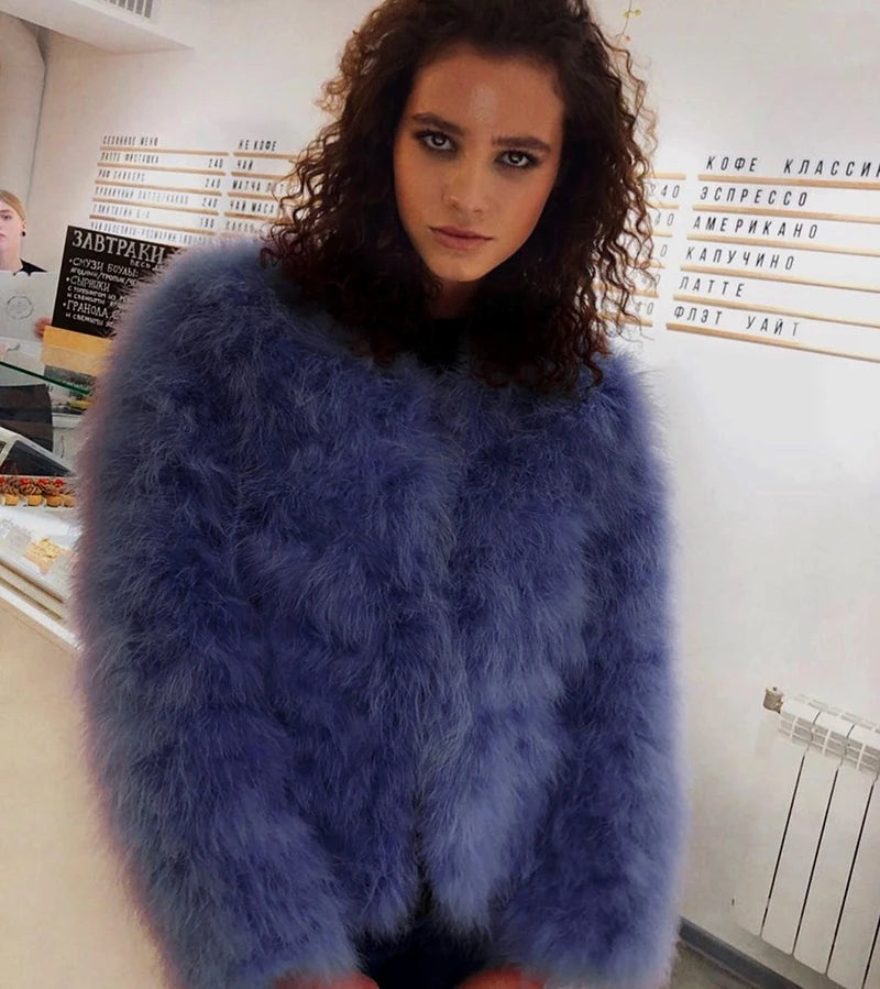 Women's Navy Blue Furry Long Sleeve Casual Short Winter Jacket